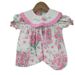 Vintage 80s Pink Floral Embroidered Short Sleeve Prairie Dress Size 18 M Baby