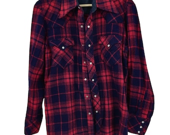 Vintage Wool Western Pearl Snap Plaid Shirt Size M? Long Sleeve Pockets Red Blue