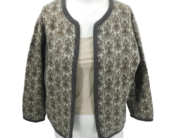 Vintage Glanamere Wool Open Front Cardigan Sweater Size L Gray Geometric