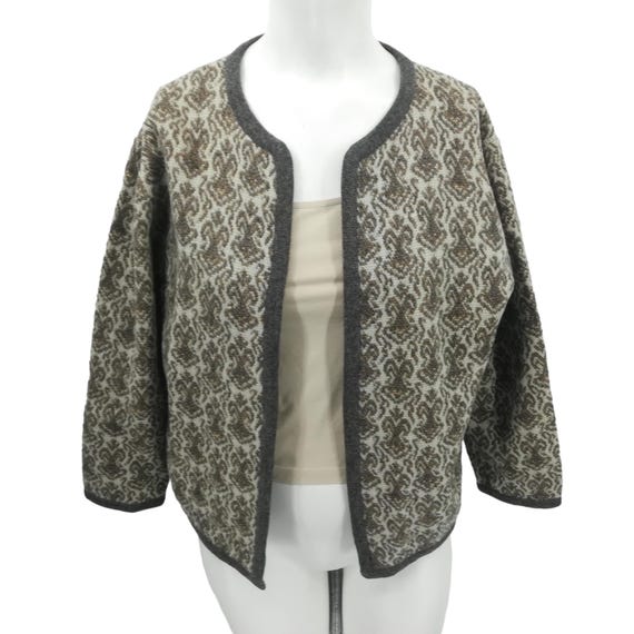 Vintage Glanamere Wool Open Front Cardigan Sweater Size L Gray Geometric