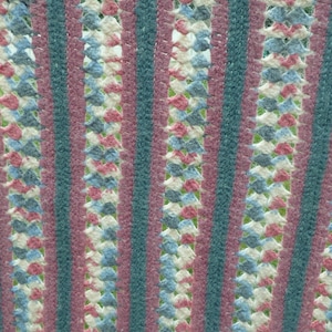 Vintage Striped Crochet Afghan - Blanket Throw Gray Blue Dusty Rose Pink 48 x 62 Handmade Retro Beach Festival Boho