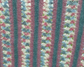 Vintage Striped Crochet Afghan - Blanket Throw Gray Blue Dusty Rose Pink 48 x 62 Handmade Retro Beach Festival Boho