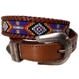 Ceinture vintage en cuir marron perlé Brighton, taille 30, aztèque tressé pour femme