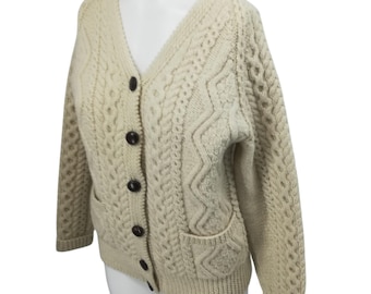 Vintage Wool Cable Knit Fisherman Cardigan Sweater Size M? Irish Handmade Beige
