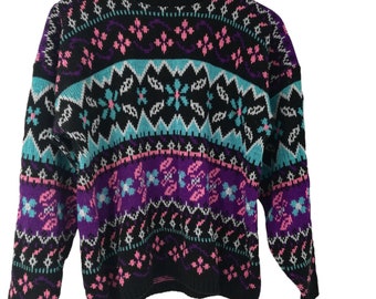 Vintage Stefano Geometric Pullover Sweater Size XL Girls Crew Neck Preppy Flower
