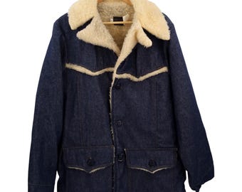 Vintage Sears Roebucks Denim Jacket Mens Sz 44R Blue 70s Sherpa