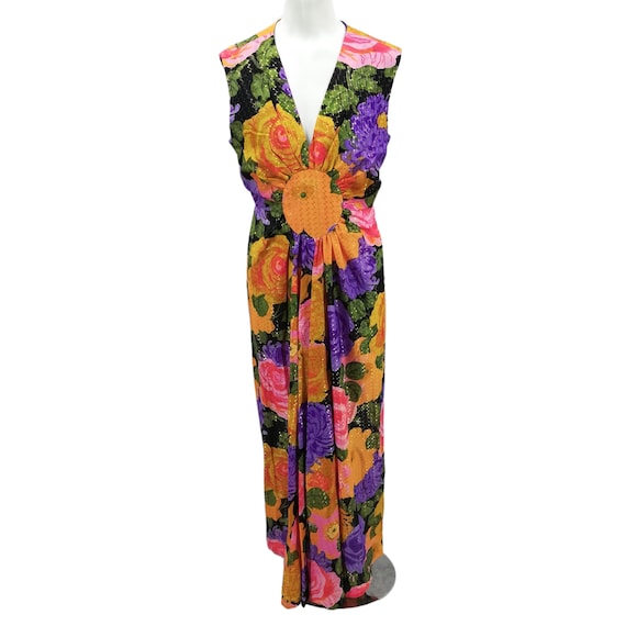 Vintage 70s Floral Metallic Sleeveless Maxi Sheat… - image 2