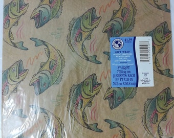 Vintage Hallmark Gift Wrap Fishing Recycled Dad 90s Scrapbook Grandpa Paper 2 Sheets Mens Made in USA
