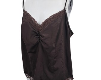 Vintage Worthington Y2K Canotta marrone con pizzo e arricciature, taglia 1X, in raso setoso