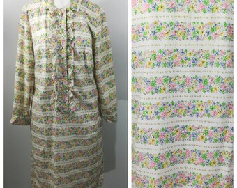 Vintage 60s 70s Womens Floral Dress Size L? Mod Pockets Ruffles Long Sleeve
