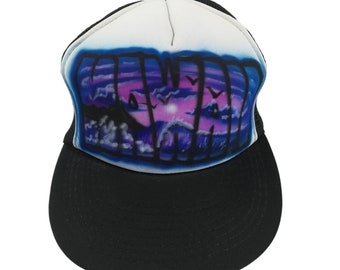 Vintage Hawaii Snap Back Baseball Cap Airbrush One Size Trucker 90er 80er Schwarz Blau Lila