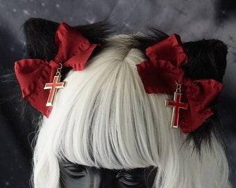 Kitten bowknot Red Ears-Cosplay Cat Ear, Cat Ears With Bow, Cosplay Ear, Anime Cosplay, Cat hairclip, Cute Ears,Handmade-Halloween-Lolita