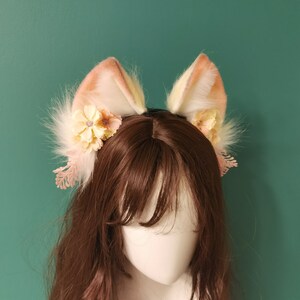 Pink flower fox ears-fluffy fur ears-blue wolf ears-Faux ears-wolf ears cosplay-fox ears cosplay-Halloween-Lolita-Hair band-Animal ear-Gift
