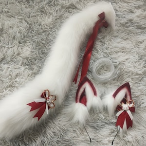 Red White fox ears tails-fluffy fur ears-White wolf ears tail-Faux ears-wolf ears tail cosplay-fox ears cosplay-Halloween-Lolita-Hair band