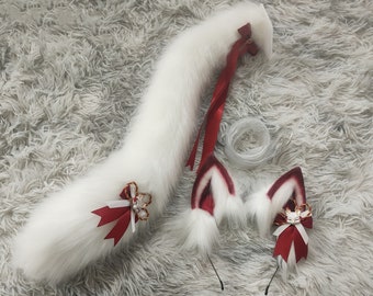 Red White fox ears tails-fluffy fur ears-White wolf ears tail-Faux ears-wolf ears tail cosplay-fox ears cosplay-Halloween-Lolita-Hair band