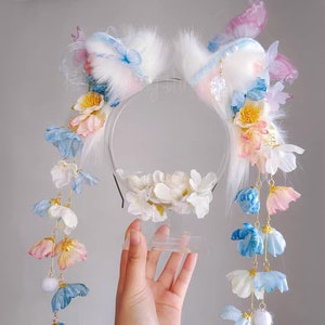 kitten Blue Ears-Cosplay Cat Ear, Cat Ears With Bow, Cosplay Ear, Anime Cosplay, Cat Head Band, Cute Ears,Handmade-Halloween-Lolita-Flower