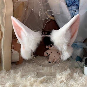 Pink White fox ears-fluffy fur ears-White wolf ears-Faux ears-wolf ears cosplay-fox ears cosplay-Halloween-Lolita-Hair band-Animal ear-Gift
