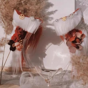 Red fox ears-fluffy fur ears-White wolf ears-Faux ears-wolf ear cosplay-fox ears cosplay-Halloween-Lolita-orange Hair band-Animal ear flower