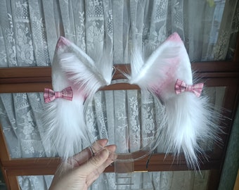 kitten bowknot pink Ears-Cosplay Cat Ear, Cat Ears With Bow, Cosplay Ear, Anime Cosplay, Cat Head Band, Cute Ears, Handmade-Halloween-Lolita