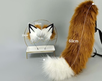 May include: A brown and white faux fur tail with a white tip. The tail is 60 cm long. A separate set of black and white faux fur ears with a headband is also included. The ears are 10 cm tall and 9 cm wide.