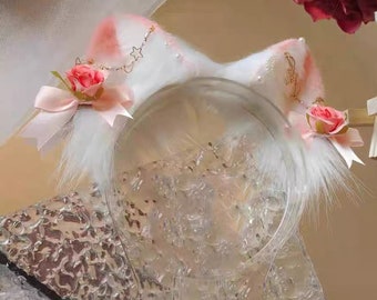 kitten bowknot pink Ears-Cosplay Cat Ear, Cat Ears With Bow, Cosplay Ear, Anime Cosplay, Cat Head Band, Cute Ears, Handmade-Halloween-Lolita