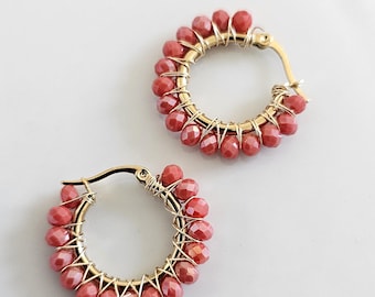 1 Pair brilliant hoops Coral Crystal beads, tarnish resistant
