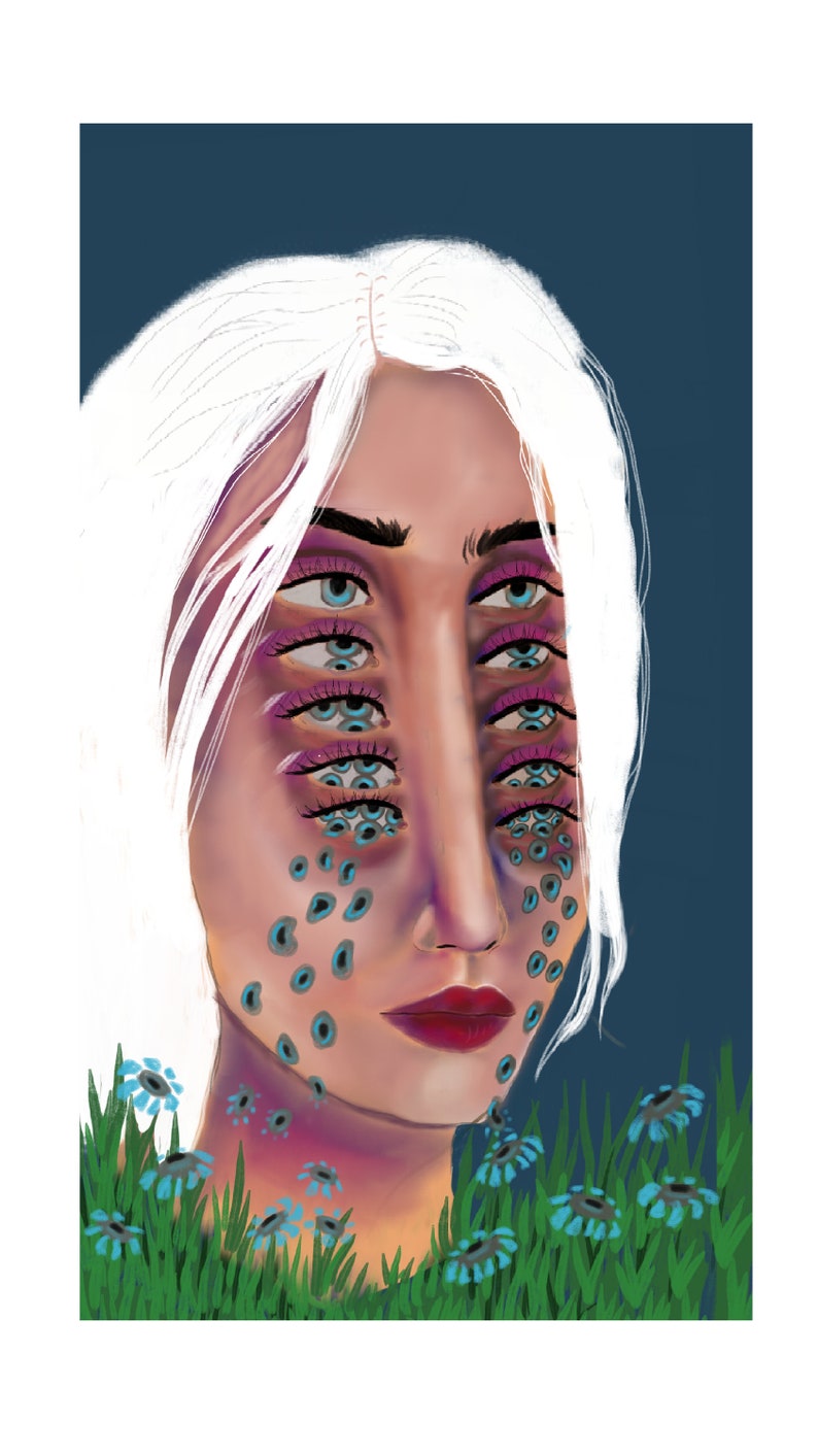 May include: A digital painting of a woman with white hair and multiple blue eyes. Her face is surrounded by blue flowers and green grass.