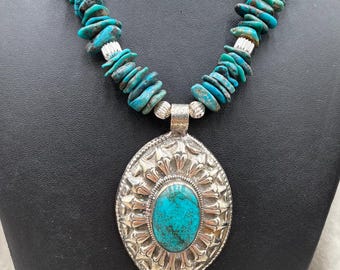 Turquoise Slab Necklace with Trade Silver Pendant