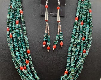 Turquoise and Coral 6-Strand Necklace Set