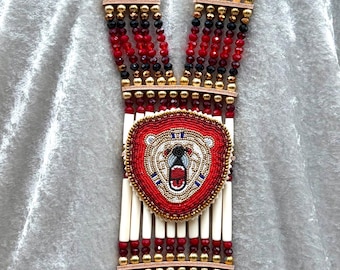 Woman’s Beaded Bone Breastplate w/ Earrings - Don’t Mess With Mama Bear