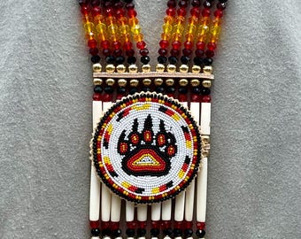 Woman’s Beaded Bone Breastplate w/ Earrings - Fire Spirit Bear
