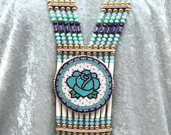 Woman’s Beaded Bone Breastplate w/ Earrings - Aqua Rose
