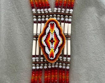 Woman’s Beaded Bone Breastplate w/ Earrings - Fire Dancer