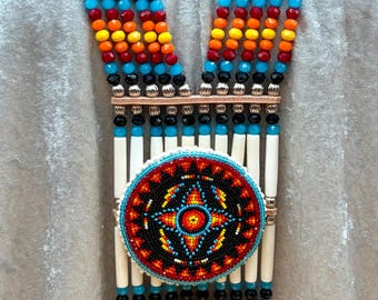 Woman’s Beaded Bone Breastplate w/ Earrings - Four Winds