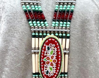 Woman’s Beaded Bone Breastplate w/ Earrings - Green Woodlands