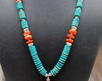 Turquoise, Sterling and Spiny Oyster Pendant Necklace