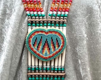Woman’s Beaded Bone Breastplate w/ Earrings - Turquoise Heart