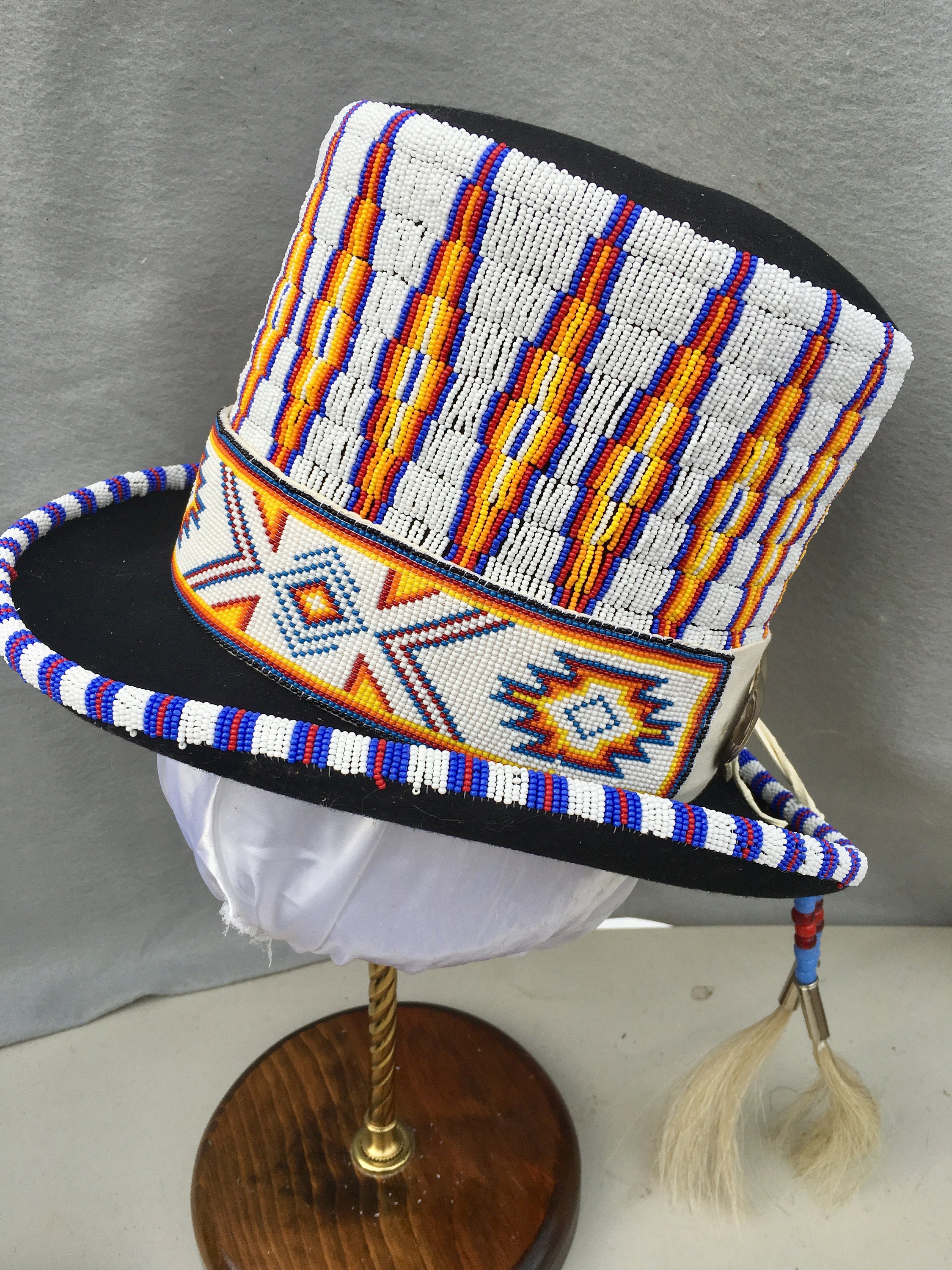 Native Style Beaded Top Hat with Horsehair Tassels Etsy