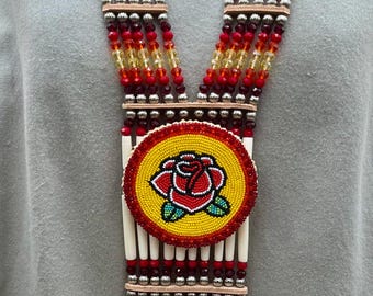 Woman’s Beaded Bone Breastplate w/ Earrings - Fire Rose