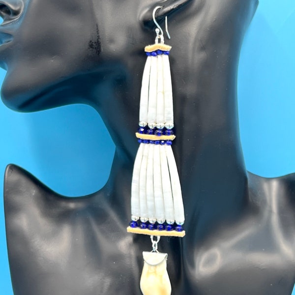 Dentalium Shell Earrings- Elks Tooth and Cobalt