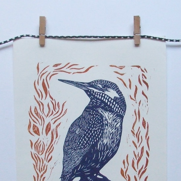 Eisvogel Vogel Kunst Linoldruck, original Linoldruck