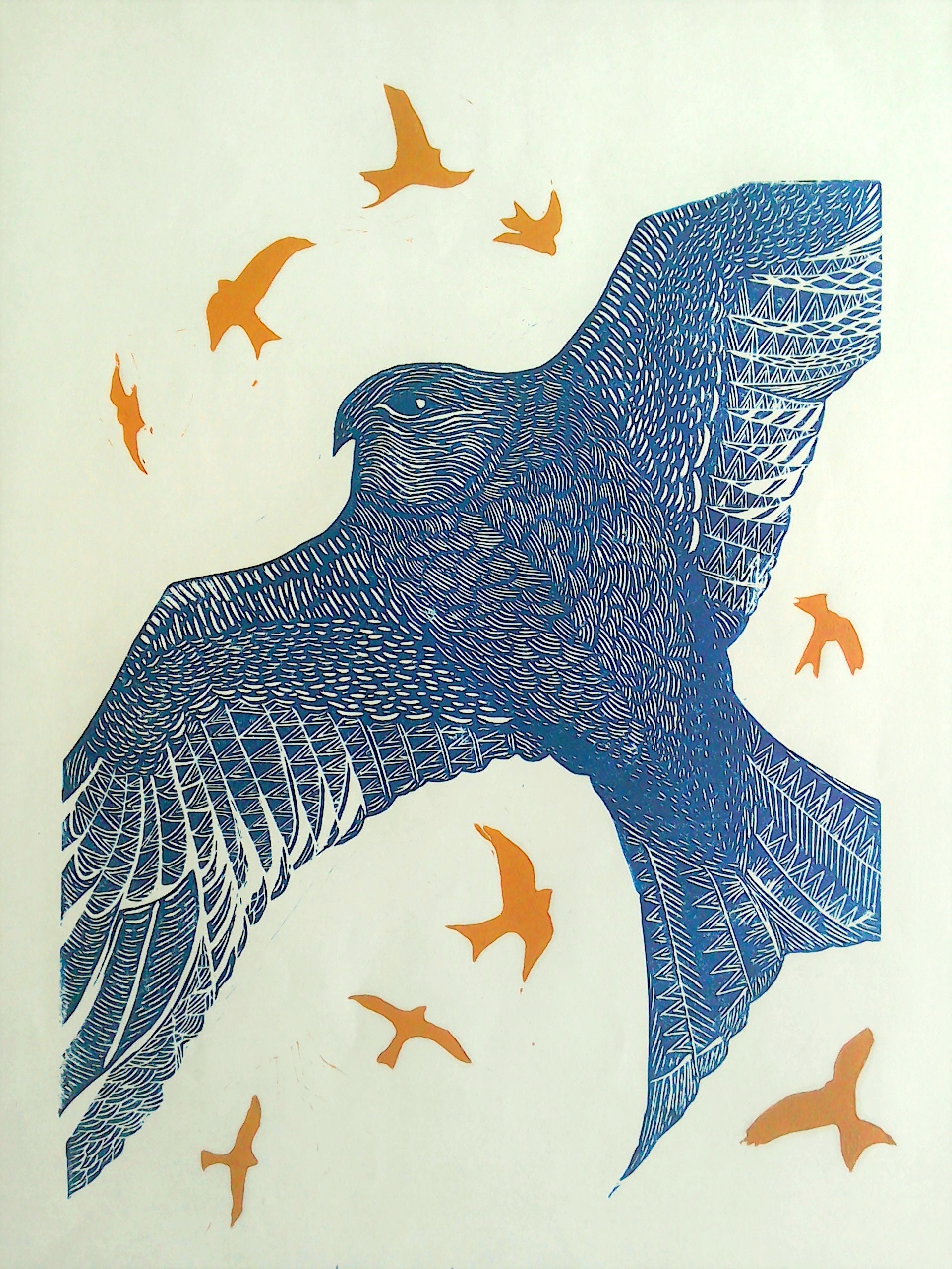 Bird lino print, Red Kite bird wall art print, original linocut, blue and yellow ochre.