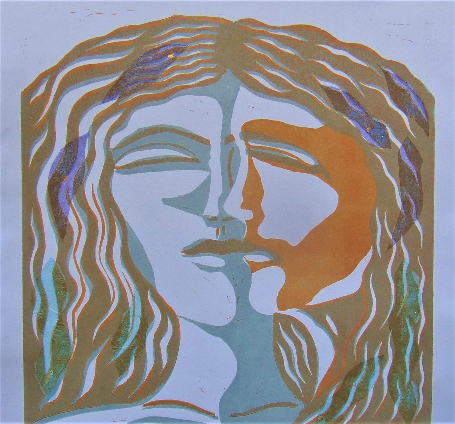 Portrait Linocut Print Face Linocut With Chine Colle Etsy