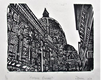 Florence Duomo linocut, Italian lino print, Italy wall art print, original Italian inspired gift.