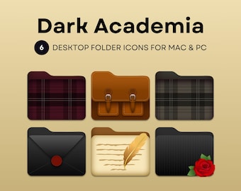 May include: Six digital folder icons in a dark academia theme. The icons feature a plaid pattern, a leather briefcase, a handwritten letter with a quill pen, a black envelope with a wax seal, and a black folder with a red rose.