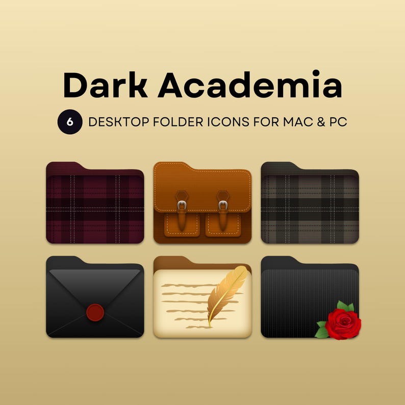 May include: Six digital folder icons in a dark academia theme. The icons feature a plaid pattern, a leather briefcase, a handwritten letter with a quill pen, a black envelope with a wax seal, and a black folder with a red rose.