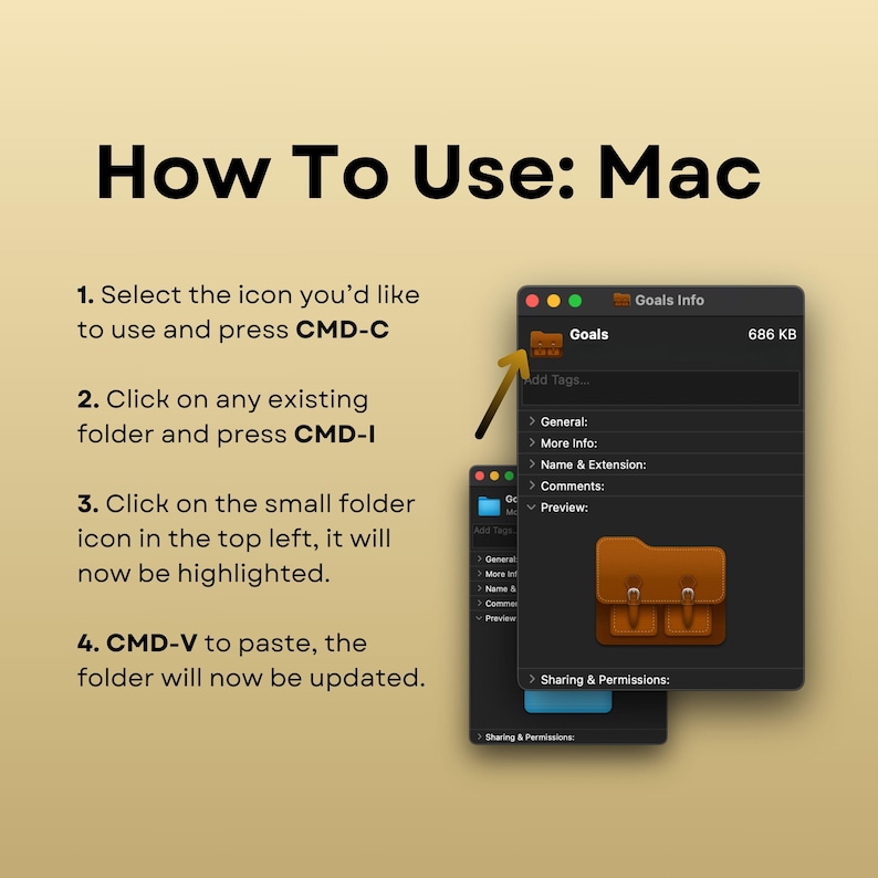 May include: A screenshot of a Mac computer showing how to copy and paste folders using keyboard shortcuts. The instructions are: 1. Select the icon you'd like to use and press CMD-C. 2. Click on any existing folder and press CMD-I. 3. Click on the small folder icon in the top left, it will now be highlighted. 4. CMD-V to paste, the folder will now be updated.