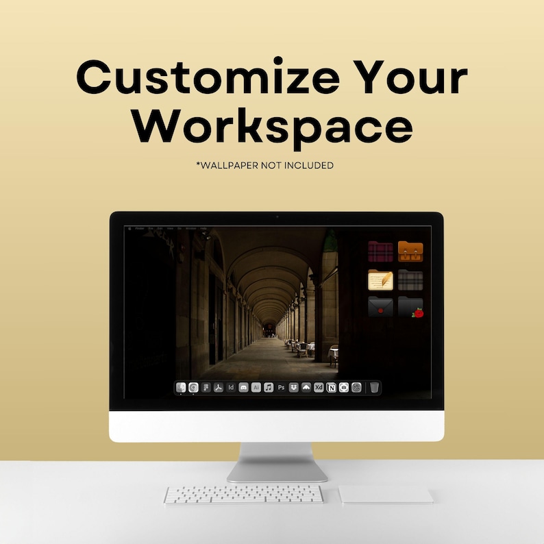 May include: A silver desktop computer with a black screen displaying a photo of an arched hallway. The screen also shows a variety of icons and folders. The computer is on a white desk with a white keyboard and a white mouse pad.