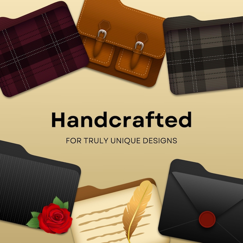 May include: A collection of six digital folders with different textures and designs. The folders are arranged in a circle around the text "Handcrafted for Truly Unique Designs".