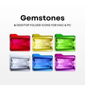 Puede incluir: Seis iconos de carpeta coloridos diseñados para parecer gemas. Los iconos son rojo, amarillo, verde, plateado, azul y morado.